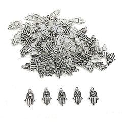 100PCS Antique Silver Hamsa Hand of Fatima Symbol Charms - JIALEEY Hamsa Hand Beads Frame Charms for Jewelry Making Findings DIY Necklace Bracelet