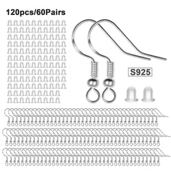 925 Sterling Silver Earring Hooks 120 PCS/60 Pairs, Ear Wires Fish Hooks, Hypo-allergenic Jewelry Findings Parts with 120 PCS Clear Silicone Earring Backs Stoppers for DIY Jewelry Making