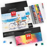 Arteza Watercolor Art Kit, 36 Watercolor Half Pans & 2 Expert Watercolor Pads, 9x12-inch, 32-Sheets Each for Professional Artists, Students, Beginners
