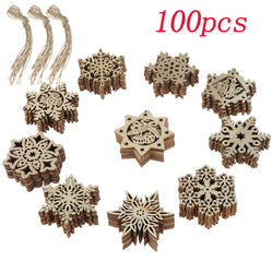 100Pcs Christmas Wooden Snowflakes Unfinished Wood Snowflake Ornaments Xmas Tree Hanging Decoration with Drawstrings for DIY Crafts Christmas Winter Ornament