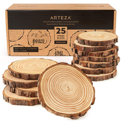 Arteza Natural Wood Slices, 25 Pieces, 3.5-4 Inch Diameter, 0.4 Inch Thickness, Round Wood Discs for Crafts, Centerpieces & Paintings, Sanded & Polished Circles