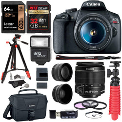 Canon EOS Rebel T7 24MP Camera with EF-S 18-55mm is II Lens, 2 Memory Cards, Slave Flash, 57" Tripod, Camera Bag, Cleaning Kit, Memory Card Reader/Writer Bundle