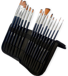 MozArt Supplies Watercolor Paint Brush Set - 15 Assorted Synthetic Hair Paint Brushes - Includes Portable Case with Brush Stand Artist Grade