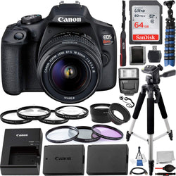 Canon EOS Rebel T7 w/18-55mm F/3.5-5.6 Lens and 12pc Essential Accessory Bundle: Bundle Includes - SanDisk Ultra 64GB SDXC Memory Card, 57" Professional Tripod, Digital Slave Flash, and Much More