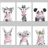 Bubble Gum Animal Prints Unframed - 6 Whimsical Safari Animals And Woodland Creatures Nursery Wall Prints - Artwork Illustrations Giraffe Panda Llama Alpaca Koala Gold Crown Room Decor 8x10" Wall Art