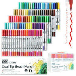 Yishaner 100 Colors Dual Tip Brush Pens Highlighter Art Markers 0.4mm Fine Liners & Brush Tip Watercolor Pen Set for Adult and Kids Coloring Books Bullet Journal, Calligraphy, Hand Lettering
