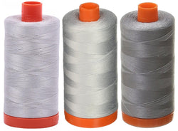 3-Pack - Aurifil 50WT - Aluminum + Dove + Grey, Solid - Mako Cotton Thread - 1422Yds Each