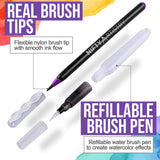 Watercolor Brush Pens - 24 Flexible Brush Tip Markers and 1 Refillable Water Brush Pen for Mess-Free Watercolor Painting, Drawing, and Hand Lettering for Artists and Beginner Painters