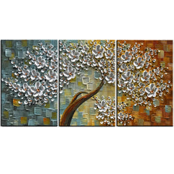 YaSheng Art - 28x20inchx3 Hand Painted 3 Panels Contemporary Art Oil Painting On Canvas 3D Flower Trees Paintings Modern Home Wall Decoration Abstract Artwork Paintings Ready to Hang