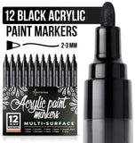 Black Paint Marker for Wood, Glass, Canvas, Rocks, Fabric. Set of Black Acrylic Paint pens, Medium tip 12 Markers Value Pack