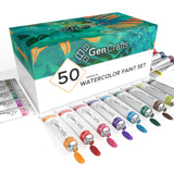 Watercolor Paint Set by GenCrafts - Set of 50 Premium Vibrant Colors - (12 ml, 0.406 oz.) - Quality Non Toxic Pigment Paints for Canvas, Fabric, Crafts, and More - for All Artists: Adults and Kids