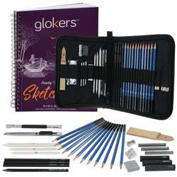 Glokers 33-Piece Drawing Art Set - Drawing Sketch Pad, Shading Pencils, Professional Art Supplies