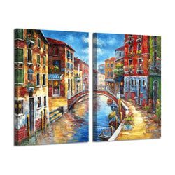 Italian Town Canvas Wall Art: Mediterranean Cityscape Hand Painted Picture Painting on Canvas for Living Room (24'' x 18'' x 2 Panels)
