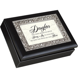 Daughter You Have Added so Much Beauty & Joy, Matte Black with Ornate Silver Inlay, Jewelry Music Box - Plays You Are My Sunshine