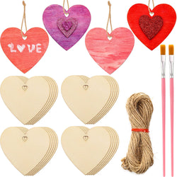 50 Packs Heart Wood Slices Wooden Heart Embellishments Valentine Unfinished Predrilled DIY Wooden Ornaments with 32.8 Feet Twine and 2 Packs Nylon Brush for Valentine Wedding