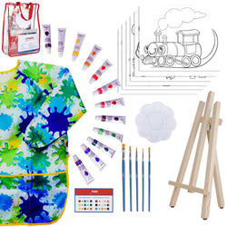 Kids Art Set for Boys - 28-Piece Acrylic Painting Supplies Kit with Storage Bag, 12 Washable Paints, 1 Scratch Free Paint Easel, 6 Pre-Stenciled Canvases 8 x 10 inches, 5 Brushes, 10 Well Palette