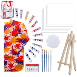 Paint Easel Kids Art Set- 28-Piece Acrylic Painting Supplies Kit with Storage Bag, 12 Non Toxic Washable Paints, 1 Scratch Free Wood Easel, 6 Blank Canvases 8 x 10 inches, 5 Brushes, 10 Well Palette,