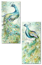 Gango Home Décor Gorgeous Teal Green and Purple Watercolor Style Peacock Panel Set by TRE Sorelle Studios; Two 8x18in Unframed Paper Prints