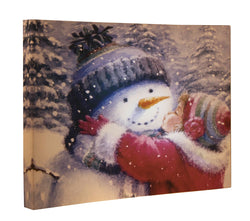 Clever Creations Snowman Kiss Canvas Wall Hanging Little Girl Kissing Snowman Christmas Image | Bright LEDs | Holiday Décor | Attached Hanging Mount | Measures 16" x 12" | Battery Powered