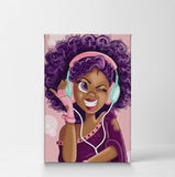 Purple Haired African Girl Earphones Pink Background Digital Painting Canvas Print Kids Room Wall Art African Art Home Decor Stretched Ready to Hang -%100 Handmade in The USA - 22x15