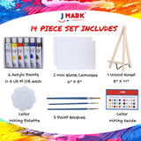 Art Canvas Paint Set Supplies - 14-Piece Mini Canvas Acrylic Painting Kit with Wood Easel, 6x8 inch Canvases, 6 Non Toxic Washable Paints, 3 Brushes, Palette and Color Mixing Guide