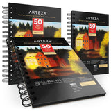 ARTEZA Black Sketch Pad, 5.5x8.5", Pack of 3, 150 Sheets (90lb/150gsm), 50 Sheets Each, Spiral-Bound, Heavyweight Paper, for Graphite & Colored Pencils, Charcoal