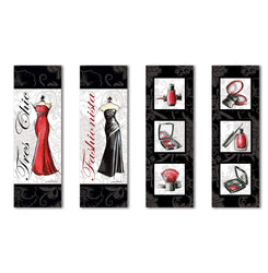 Gango Home Décor Popular Fashionista Makeup Nail Polish and Dress Panels, Four 6x18in Poster Prints. Red/White/Black