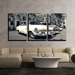 wall26 - 3 Piece Canvas Wall Art - Panoramic View of Shabby Old Havana Street with Vintage Classic American Cars - Modern Home Decor Stretched and Framed Ready to Hang - 16"x24"x3 Panels