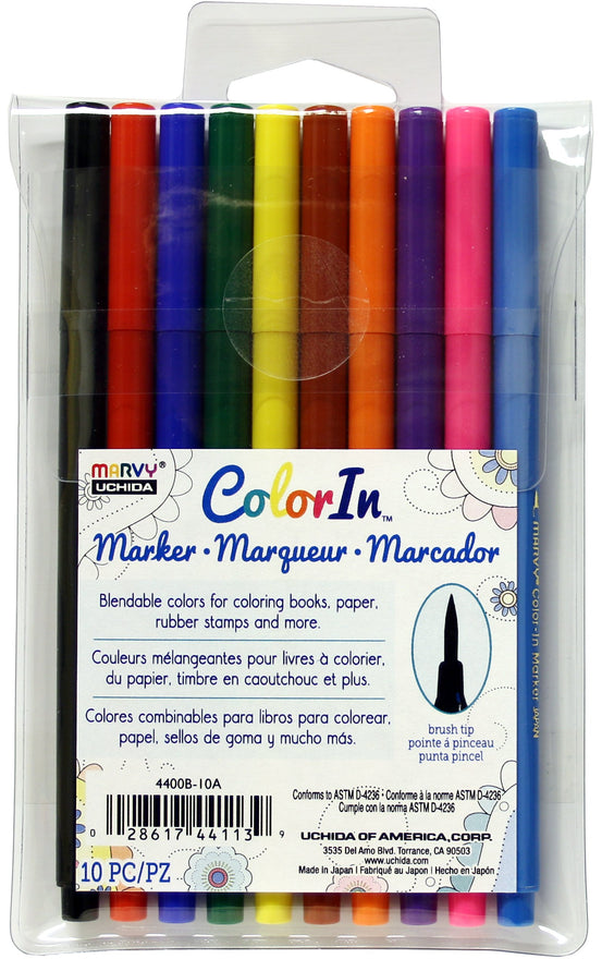 UCHIDA, ColorIn, 10 Piece, Brush Tip Marker Set, Primary Colors
