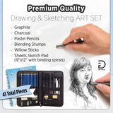 Drawing and Sketching Set with 9x12" 100 sheets Sketch Pad by Der König - Complete artist set (41 pcs) - Charcoals, pastel, graphite pencils, sharpeners, erasers, in Zippered case with Pop-up stand.