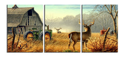 Canvas Print Wall Art Painting of Nature Trees Fences Birds Fog Mist Deer Barn Farm Competition Picture for Living Room Decoration Animals Pictures Photo Prints On Canvas (Deer 1, 12x16inx3panel)