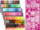 RIANCY Dual Tip Art Markers with Journal Stencil, 100 Assorted Colors, 0.4mm Fine Tip and Brush Tip for Fine Art, Brush Lettering, Faux Calligraphy, Water Color Illustrations (100 Colors)