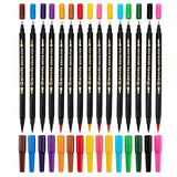 Art-n-Fly Dual Tip 15 Colored Brush Pens for Lettering Calligraphy Pen. Fine and Large Color Brush Marker Set for Drawing