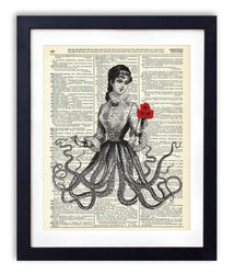 Victorian Octopus Lady Upcycled Vintage Dictionary Art Print 8x10