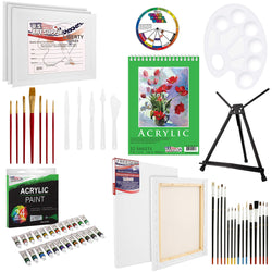 U.S Art Supply 60-Piece Deluxe Acrylic Painting Set with Aluminum Tabletop Easel, 24 Acrylic Colors, Acrylic Painting Pad, Stretched & Canvas Panels, Brushes & Palette Knives