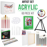 U.S Art Supply 60-Piece Deluxe Acrylic Painting Set with Aluminum Tabletop Easel, 24 Acrylic Colors, Acrylic Painting Pad, Stretched & Canvas Panels, Brushes & Palette Knives