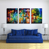 Amoy Art- 3 Panels Modern Abstract Landscape Artwork Night Rainy Street Canvas Painting Print Wall Art for Home Decorations Wall Décor with Stretched Frame Ready to Hang(12x24inx3pcs)