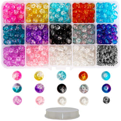 350 Crackle Glass Beads for Jewelry Making Adults, 8mm Glass Bead Kit w/ 50 Casted Silver Spacers & 10y Stretch Cord, Transparent Handcrafted Lampwork Glass Round Beads Assortment