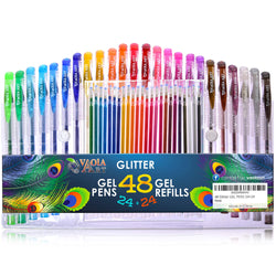 Glitter Gel Pens for Kids, Girls, Adult Coloring - Color Gel Pens with Glitter Refills - Sparkly Color Gel Pens for Drawing, Coloring, Spirograph - 48 Piece Set, 24 Glitter Gel Pens Plus 24 Refills
