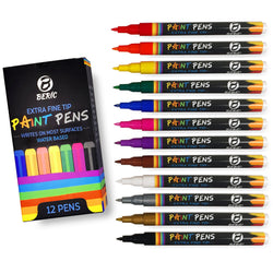 Premium Paint Pens by Beric 12 pack, Water-based, Marker, Extra Fine Point Tip, Writes on Almost Anything, Water and Sun Resistant Vibrant Colors Low Odor Long Lasting Fast Drying Assorted Colors