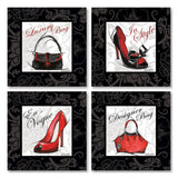 Gango Home Décor Fashion High-Heel Designer Luxury Purse Set; Four 8x8in Poster Prints. Red/Black/White