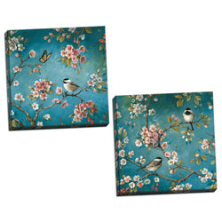 Gango Home Décor Beautiful Turquoise Cherry Blossom, Bird and Butterfly Print Set by Lisa Audit; Two 16x16in Hand-Stretched Canvases