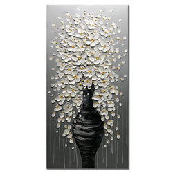 zoinart Oil Paintings 48x24 Inch 100% Hand Painted White Flowers in Black Vase 3D Abstract Decorative Large Modern Canvas for Hallway Wall Decor Framed Wall Art Ready to Hang