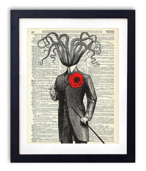 Victorian Gentleman Octopus Upcycled Vintage Dictionary Art Print 8x10, unframed