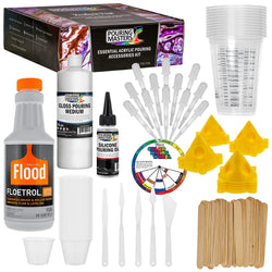 U.S. Art Supply - 1 Quart Floetrol Additive Pouring Supply Paint Medium Deluxe Kit for Mixing, Epoxy, Resin - Silicone Oil,1 and 10 Ounce Plastic Cups, Mini Painting Stands, Sticks, Pallete Knifes