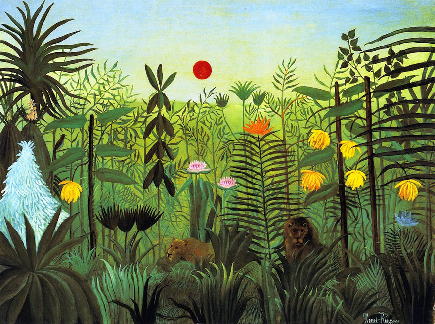 Henri Rousseau Exotic Landscape with Lion and Lioness in Africa Private Collection 30" x 22" Wall Art Giclee Canvas Print (Unframed)