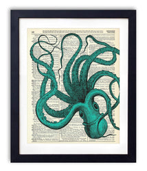 Blue Octopus Upcycled Vintage Dictionary Art Print 8x10