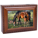 Horses Brown Mare Black Mane Colt Woodgrain Rope Trim Jewelry Music Box Plays Wonderful World