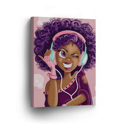 Purple Haired African Girl Earphones Pink Background Digital Painting Canvas Print Kids Room Wall Art African Art Home Decor Stretched Ready to Hang -%100 Handmade in The USA - 22x15