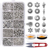 Spacer Bead 300PCS 10 Style Silver Jewelry Bead Charm Spacers Alloy Spacer Beads Kit Jewelry Findings Accessories with 2 Crystal String Bracelet Charm for DIY Bracelet Necklace Jewelry Making